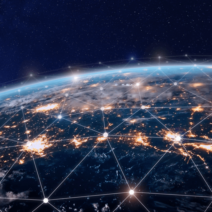 Global telecommunications network, connected nodes around the earth